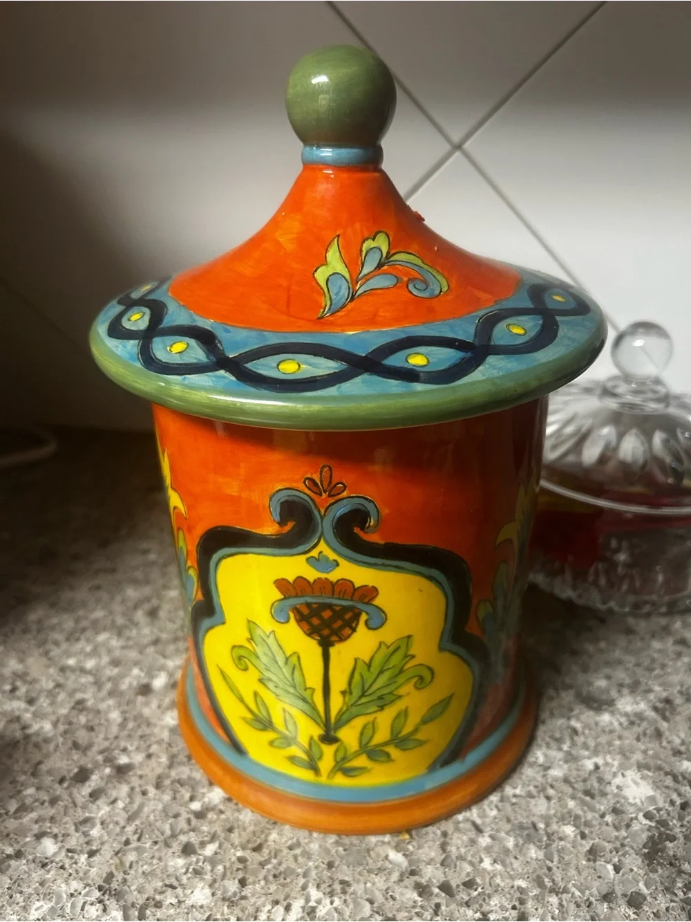 Hand-Painted Decorative Ceramic Canister in Orange, Yellow, and Green